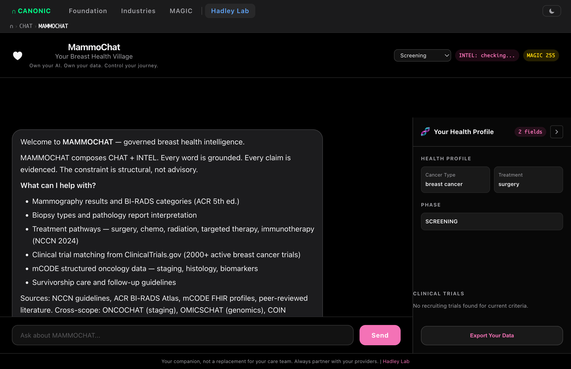 MammoChat — governed clinical AI interface with design tokens in action